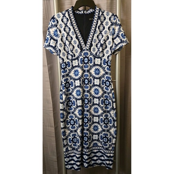 MAGGY LONDON Size 4 Geometric Blue White Fit & Flare Dress - Picture 1 of 6